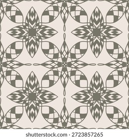 Modelo inconsútil geométrico del ornamento floral con los Elementos decorativos simétricos en tonos beige y grises. Elegante fondo abstracto en diseño clásico de mosaico y mandala. Ideal para impresión de Fondo de pantalla, textiles y telas, papel de embalaje, embalaje, papelería, diseño de superficies y decoración de interiores.