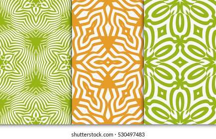 geometric floral ornament. set of seamless pattern. abstract geometry shape. vector illustration. modern wallpaper. For design, background fills, card, banner. green, orange color