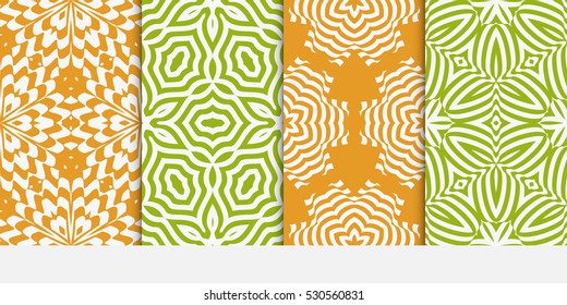 geometric floral ornament. set of seamless pattern. abstract geometry shape. vector illustration. modern wallpaper. For design, background fills, card, banner. green, orange color