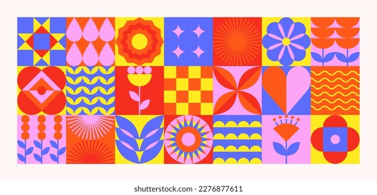 Geometric floral pattern. Abstract flower plant leaves simple shape, Scandinavian and folk design. Vector minimal banner