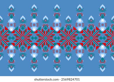 Geometric floral pattern background vector illustration.flower ethnic pixel pattern,Aztec style,abstract background.design for texture,fabric,clothing,decoration,print,sarong.