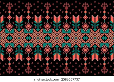 Geometric floral pattern background vector illustration.flower ethnic pixel pattern,Aztec style,abstract background.design for texture,fabric,clothing,decoration,print,sarong.