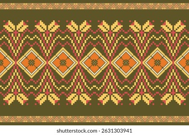 Geometric floral pattern background vector illustration.flower ethnic pixel pattern,Aztec style,abstract background.design for texture,fabric,clothing,decoration,print,sarong.