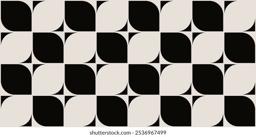 Geometric floral pattern in black and cream shades inspired by the Midcentury modern design style. Graphical illustration for a unique wall decor, textiles and interior design.