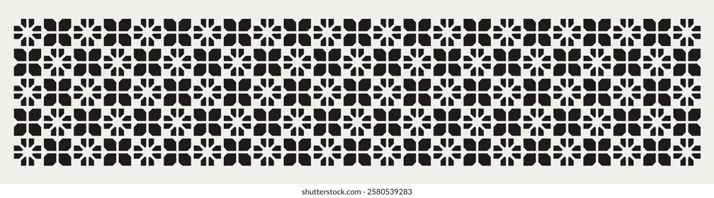 Geometric floral pattern in black and white shades inspired by the Midcentury modern design style. Graphical illustration for a unique wall decor, textiles and interior design.