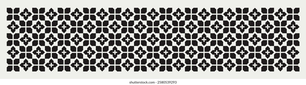 Geometric floral pattern in black and white shades inspired by the Midcentury modern design style. Graphical illustration for a unique wall decor, textiles and interior design.