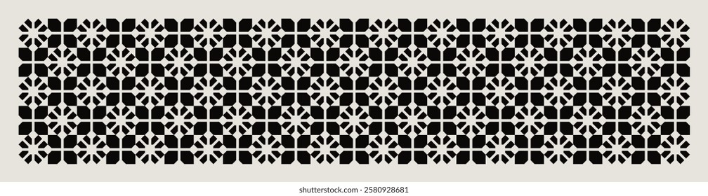 Geometric floral pattern in black and white shades inspired by the Midcentury modern design style. Graphical illustration for a unique wall decor, textiles and interior design.