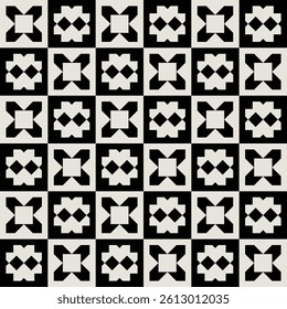 Geometric floral pattern in black and white. Repeated and decorative design that can be used for packaging, decorating, interior design, wallpapers, and more.