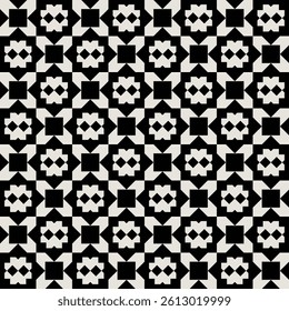 Geometric floral pattern in black and white. Repeated and decorative design that can be used for packaging, decorating, interior design, wallpapers, and more.