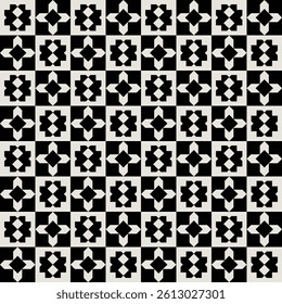 Geometric floral pattern in black and white. Repeated and decorative design that can be used for packaging, decorating, interior design, wallpapers, and more.