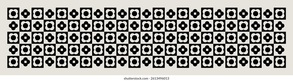 Geometric floral pattern in black and white. Repeated and decorative design that can be used for packaging, decorating, interior design, wallpapers, and more.