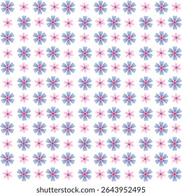 Geometric floral pattern features pink and blue symmetrical flower shapes on a white background. This elegant and modern design is perfect for wallpapers, wrapping paper, digital backgrounds.
