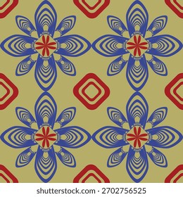 Ein geometrisches Blumenmuster mit geschichteten blauen Blütenblättern und roten Akzenten auf stumpfgelbem Hintergrund, das einen mutigen, retro-modernen Dekorstil schafft.