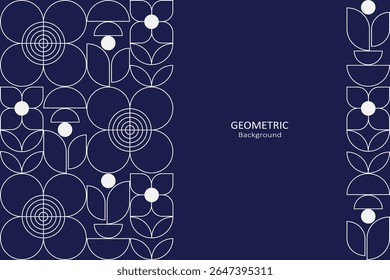 Um padrão floral geométrico com flores brancas contornadas e folhas em um fundo marinho profundo, misturando estilo retrô com simetria moderna.