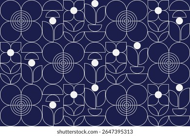 Um padrão floral geométrico com flores brancas contornadas e folhas em um fundo marinho profundo, misturando estilo retrô com simetria moderna.