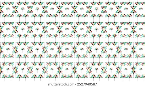 Geometric Floral Pattern with Green, Red, and Black Accents, Seamless Repeating Design for Textiles, Wallpapers, Wrapping Paper,
 Digital Backgrounds, and Craft Projects