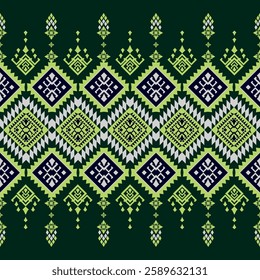 Geometric floral pattern in light green,white and navy blue. Native American textile art. Ethnic fabric design. seamless patterns with flowers. Used in ornamentation and printing industry. Vector,tile