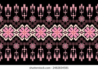 Geometric floral pattern on black background vector illustration.flower ethnic pixel pattern,Aztec style,abstract background.design for texture,fabric,clothing,decoration,print,sarong.