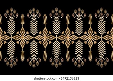 Patrón floral geométrico sobre fondo negro Ilustración vectorial.flower étnico pixel pattern, estilo azteca, fondo abstracto.design para textura, tela, ropa, decoración, impresión, sarong.