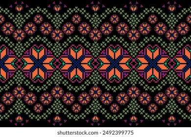 Patrón floral geométrico sobre fondo negro Ilustración vectorial.flower étnico pixel pattern, estilo azteca, fondo abstracto.design para textura, tela, ropa, decoración, impresión, sarong.