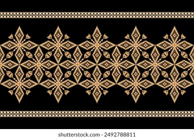Geometric floral pattern on black background vector illustration.flower ethnic pixel pattern,Aztec style,abstract background.design for texture,fabric,clothing,decoration,print,sarong.