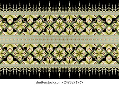 Geometric floral pattern on black background vector illustration.flower ethnic pixel pattern,Aztec style,abstract background.design for texture,fabric,clothing,decoration,print,sarong.