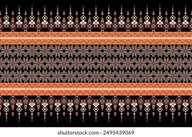 Geometric floral pattern on black background vector illustration.flower ethnic pixel pattern,Aztec style,abstract background.design for texture,fabric,clothing,decoration,print,sarong.