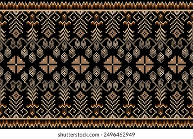 Geometric floral pattern on black background vector illustration.flower ethnic pixel pattern,Aztec style,abstract background.design for texture,fabric,clothing,decoration,print,sarong.