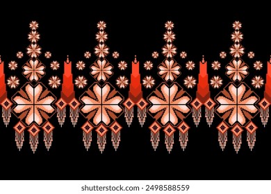 Patrón floral geométrico sobre fondo negro Ilustración vectorial. patrón de píxeles étnicos de flores, estilo azteca, fondo abstracto. diseño para textura, tela, ropa, decoración, impresión, sarong.