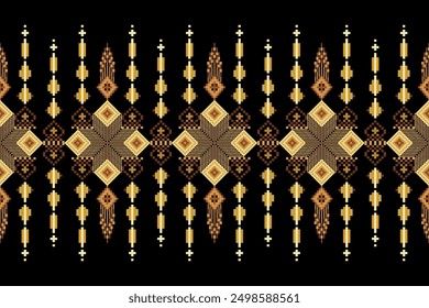 Geometric floral pattern on black background vector illustration.flower ethnic pixel pattern,Aztec style,abstract background.design for texture,fabric,clothing,decoration,print,sarong.