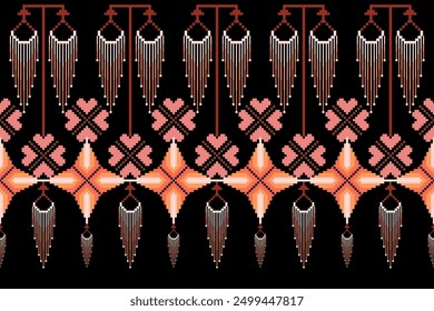 Geometric floral pattern on black background vector illustration.flower ethnic pixel pattern,Aztec style,abstract background.design for texture,fabric,clothing,decoration,print,sarong.