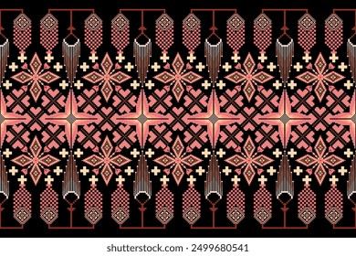 Geometric floral pattern on black background vector illustration.flower ethnic pixel pattern,Aztec style,abstract background.design for texture,fabric,clothing,decoration,print,sarong.