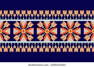Geometric floral pattern on black background vector illustration.flower ethnic pixel pattern,Aztec style,abstract background.design for texture,fabric,clothing,decoration,print,sarong.