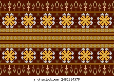 Patrón floral geométrico en el fondo marrón Ilustración vectorial.flower étnico pixel pattern, estilo azteca, fondo abstracto.design para textura, tela, ropa, decoración, impresión, sarong.