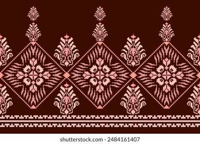 Patrón floral geométrico sobre fondo rojo oscuro Ilustración vectorial.flower étnico pixel pattern, estilo azteca, fondo abstracto.design para textura, tela, ropa, decoración, impresión, sarong.