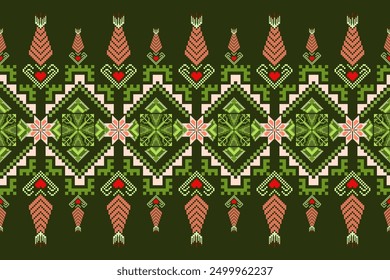 Geometric floral pattern on dark green background vector illustration.flower ethnic pixel pattern,Aztec style,abstract background.design for texture,fabric,clothing,decoration,print,sarong.