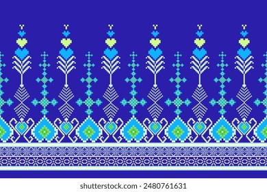 Geometric floral pattern on navy  blue background vector illustration.flower ethnic pixel pattern,Aztec style, abstract background.design for texture,fabric,clothing,decoration,print,sarong.