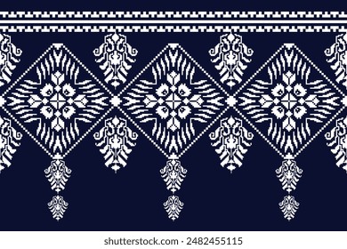 Geometric floral pattern on navy  blue background vector illustration.flower ethnic pixel pattern,Aztec style, abstract background.design for texture,fabric,clothing,decoration,print,sarong.