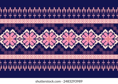 Patrón floral geométrico sobre fondo azul marino Ilustración vectorial.flower étnico pixel pattern, estilo azteca, fondo abstracto.design para textura, tela, ropa, decoración, impresión, sarong.