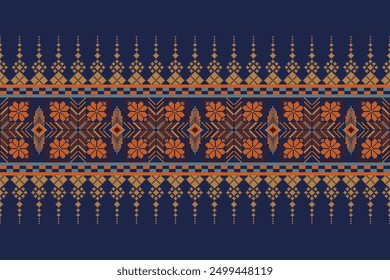 Geometric floral pattern on navy blue background vector illustration.flower ethnic pixel pattern,Aztec style,abstract background.design for texture,fabric,clothing,decoration,print,sarong.