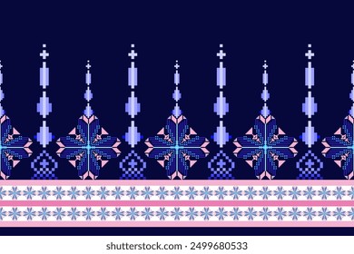 Geometric floral pattern on navy blue background vector illustration.flower ethnic pixel pattern,Aztec style,abstract background.design for texture,fabric,clothing,decoration,print,sarong.