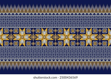 Geometrisches Blumenmuster auf blauem Hintergrund, Vektorgrafik.Blume ethnisches Pixelmuster,Aztekischer Stil,abstrakter Hintergrund.Design für Textur,Stoff,Kleidung,Dekoration,Druck,Sarong.