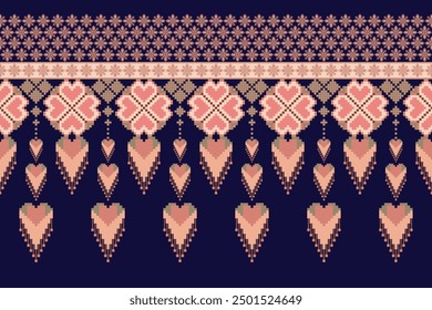 Geometric floral pattern on navy blue background vector illustration.flower ethnic pixel pattern,Aztec style,abstract background.design for texture,fabric,clothing,decoration,print,sarong.