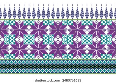Patrón floral geométrico en el fondo blanco Ilustración vectorial.flower étnico pixel pattern, estilo azteca, fondo abstracto.design para textura, tela, ropa, decoración, impresión, sarong.