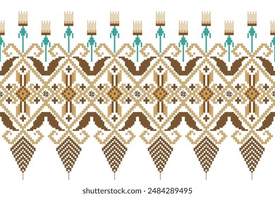 Geometrische Blumenmuster auf weißem Hintergrund Vektorillustration.Blume ethnische Pixelmuster,Azteken Stil,abstrakter Hintergrund.Design für Textur,Stoff,Kleidung,Dekoration,Druck,Sarong.