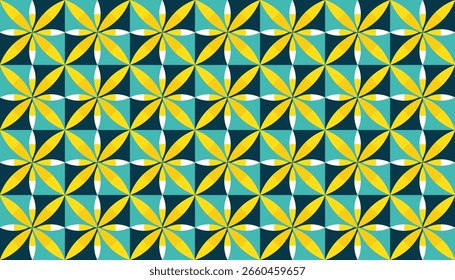 Padrão floral geométrico com formas pétalas em amarelo, ciano e azul-marinho em um fundo sem costura