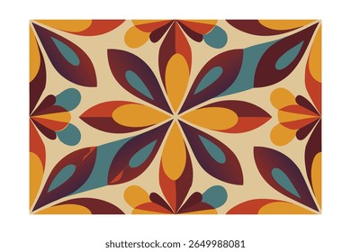 Geometrisch bloemmotief in retro-stijl met oranjerood groengeel op beige
