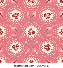 Geometric floral pattern. Seamless floral pattern. Imitation of quilted fabric. Roses Pattern. Rink and beige floral pattern. Seamless Tiles. 