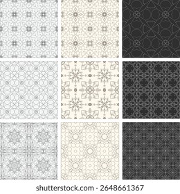 Conjunto de Padrões Florais Geométricos - 9 Elegantes Contornos Designs em Prata e Marrom em Fundo Escuro e Claro para Papel de Parede, Tecido e Azulejos