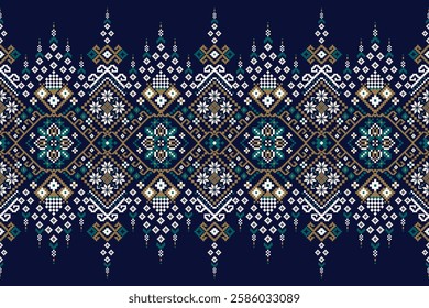 Geometric floral pattern traditional,geometric oriental pattern on blue background,vector illustration,geometric ethnic embroidery,abstract background.design for texture,fabric,clothing,decoration.